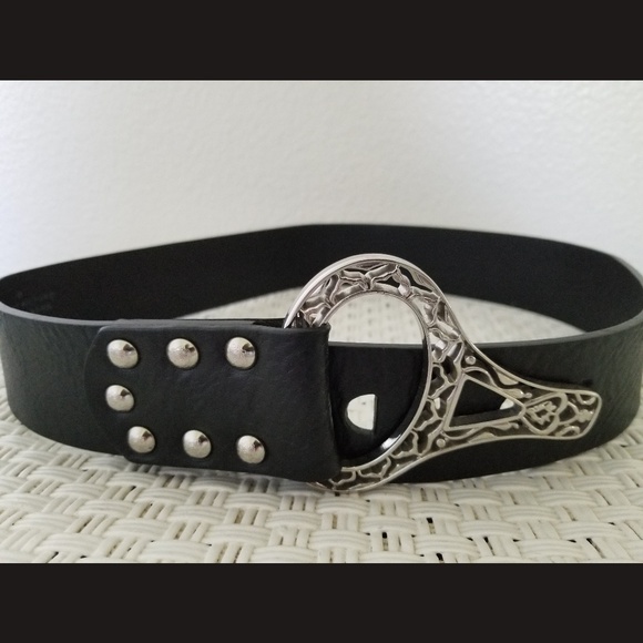 Chico's Accessories - Chico's Black Leather Large Silver Buckle Belt Med